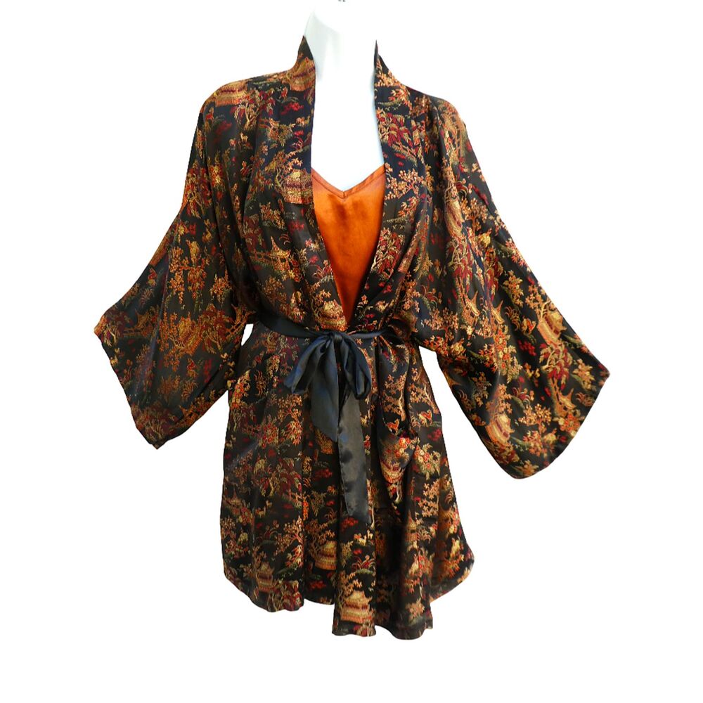 SiLK Vintage Cathaya Brocade Kimono Lounge Robe Waist Tie Pockets Asian Luxury